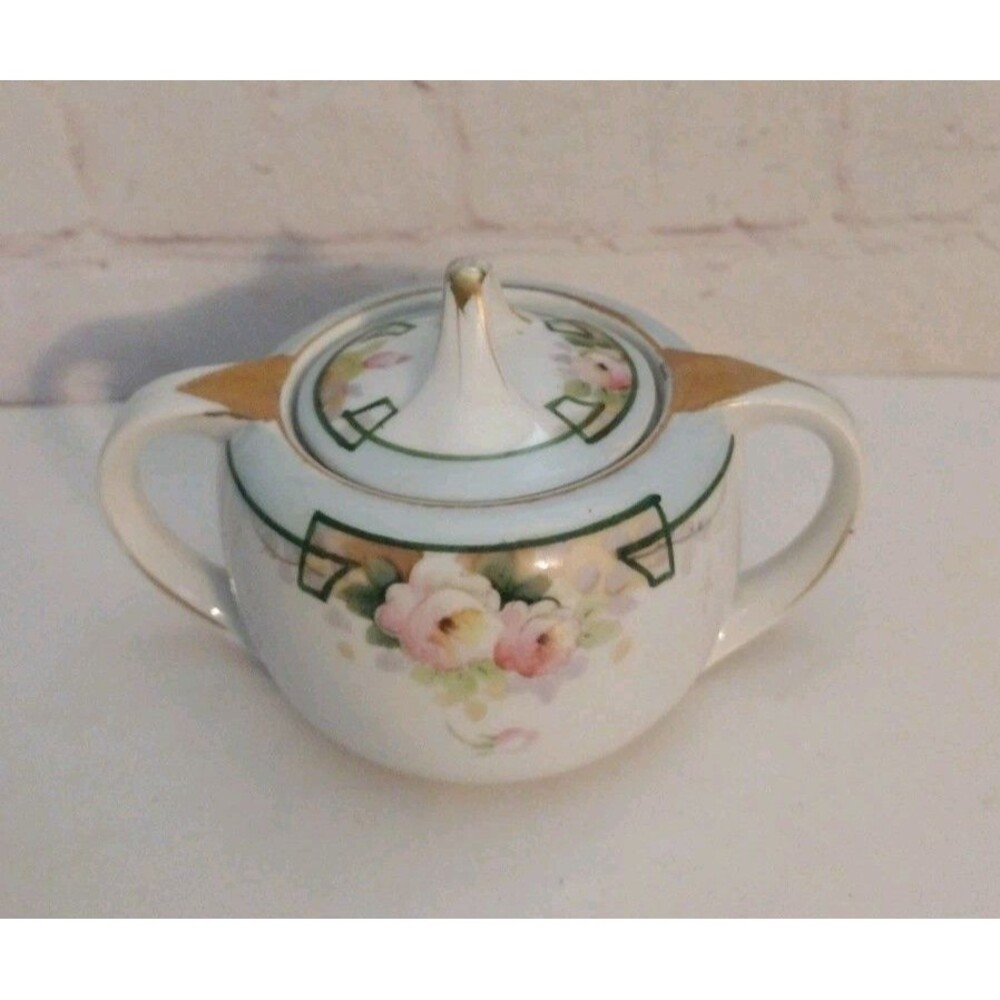 VTG Nippon Japan Hand Painted Porcelain Sugar Bowl w/ Lid Pink Floral Gold Gilt
